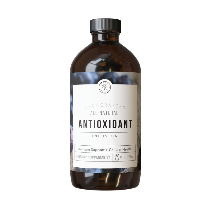 Brown glass bottle labeled “ANTIOXIDANT INFUSION | 16 oz: Regular.” Highlights immune support, cellular health, all-natural ingredients with liposomal glutathione and aronia berries. Available in 16 fl oz size.