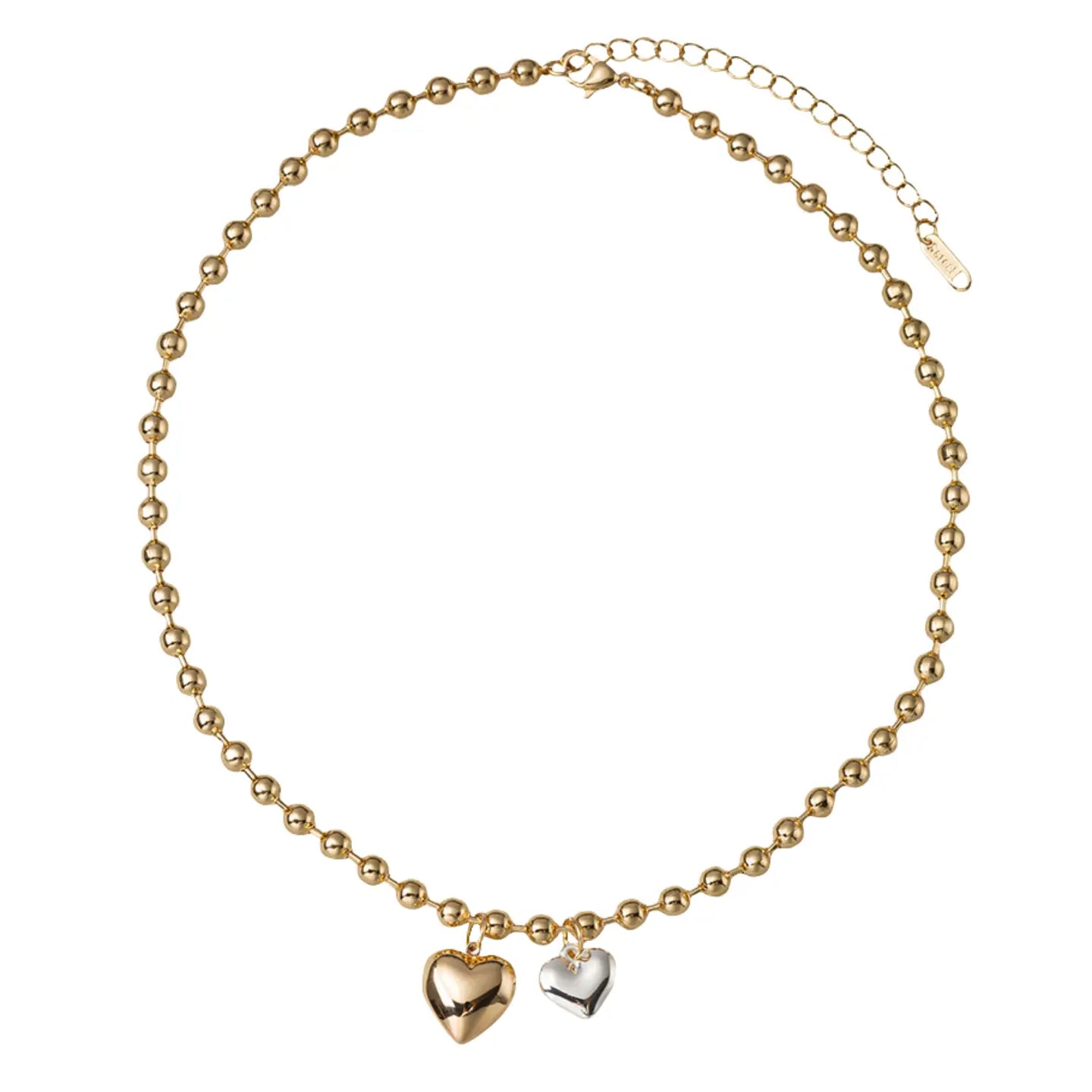 18K gold plated beaded necklace with gold and silver heart charms, adjustable extender; available in 16", 18", and 20" sizes.