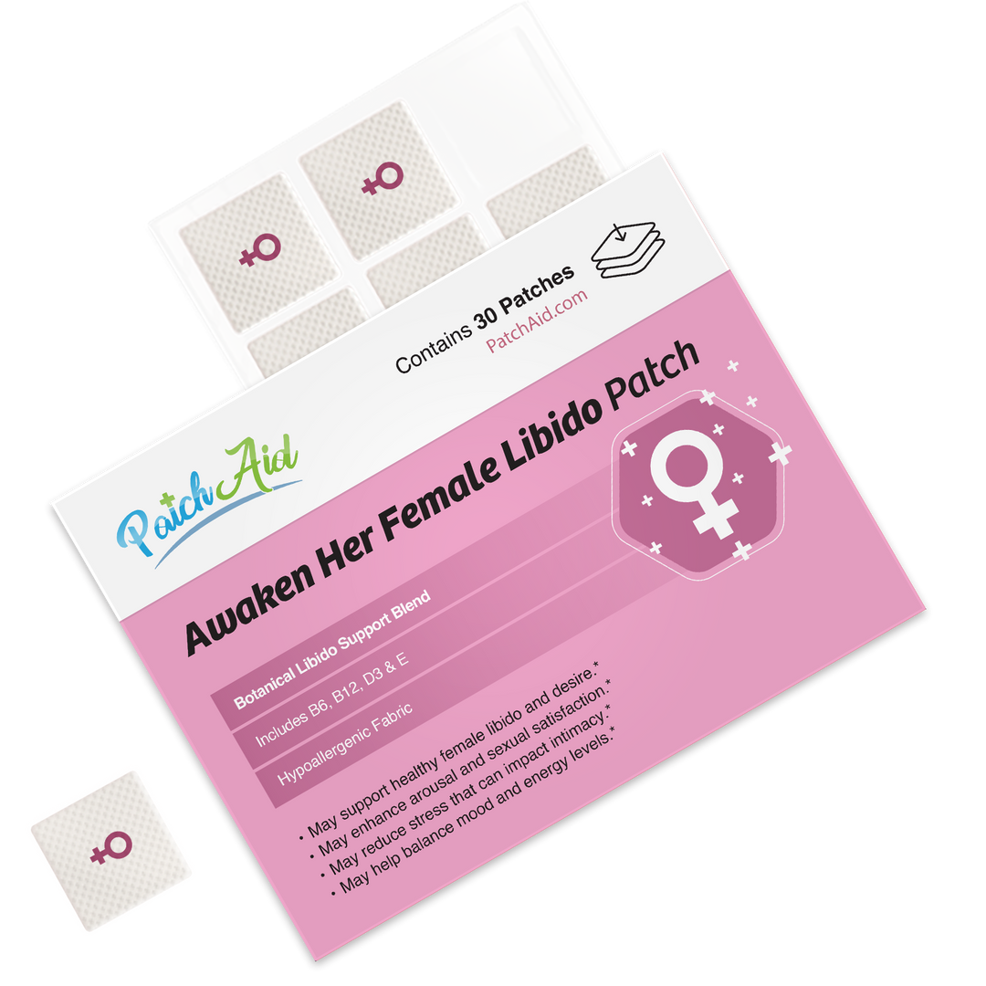 A package labeled “Awaken Her Female Libido Patch - Desire &amp; Energy Support: 1-Pack” shows five pink patches with a female symbol. Key ingredients listed are B12, D3, and E. Available in 1-pack size.