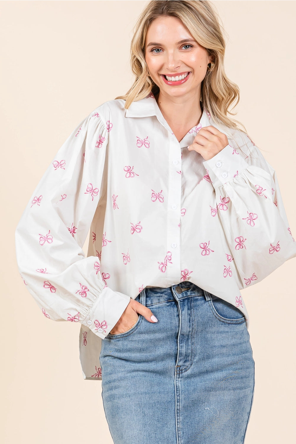 Ribbon Bow Print Button-Up Blouse: Features puffed sleeves and a whimsical bow print design. Sizes available: XS, S, M, L, XL.