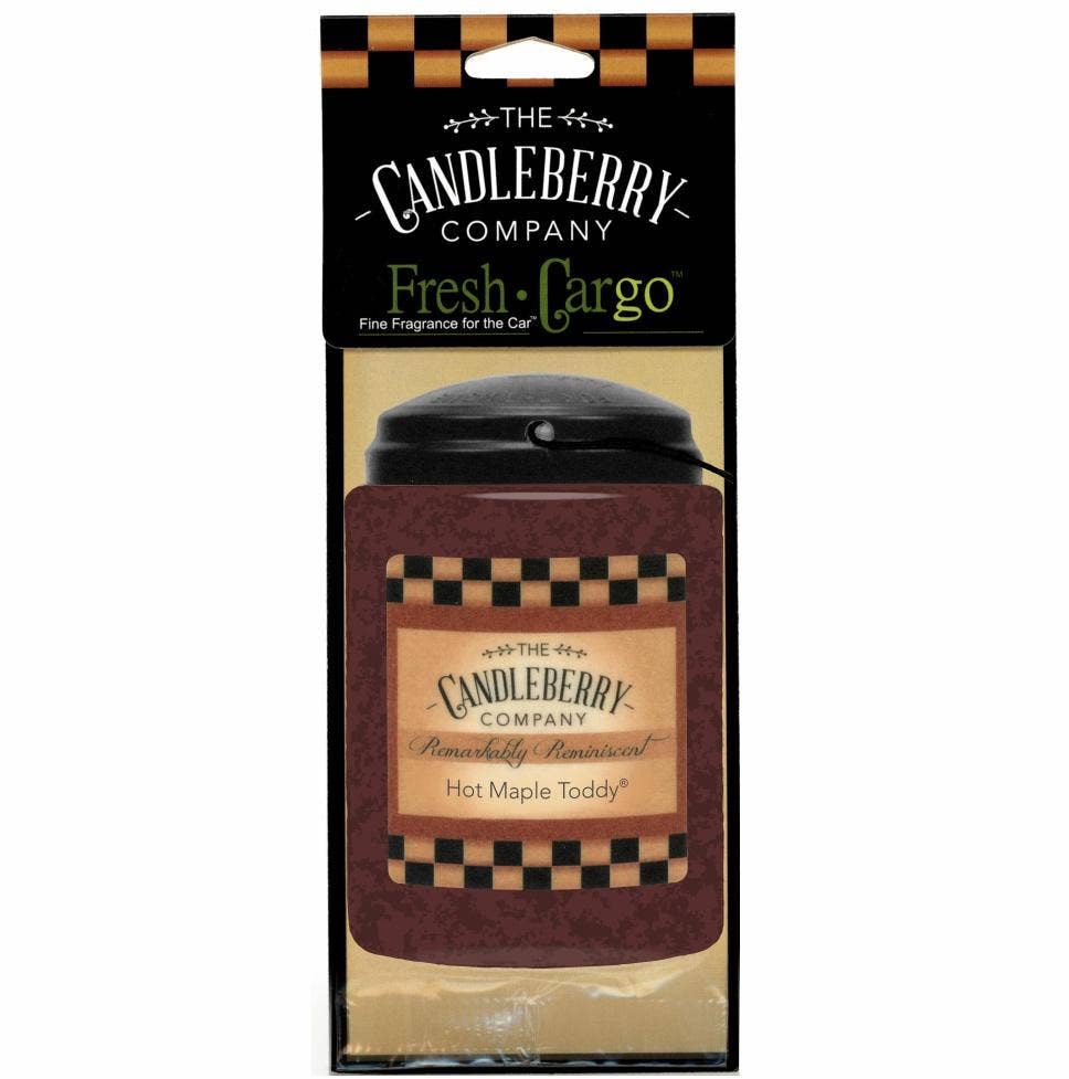 Hot Maple Toddy® “Fresh Cargo” hanging car air freshener in a square bottle with a black lid and a brown and tan checkerboard label.