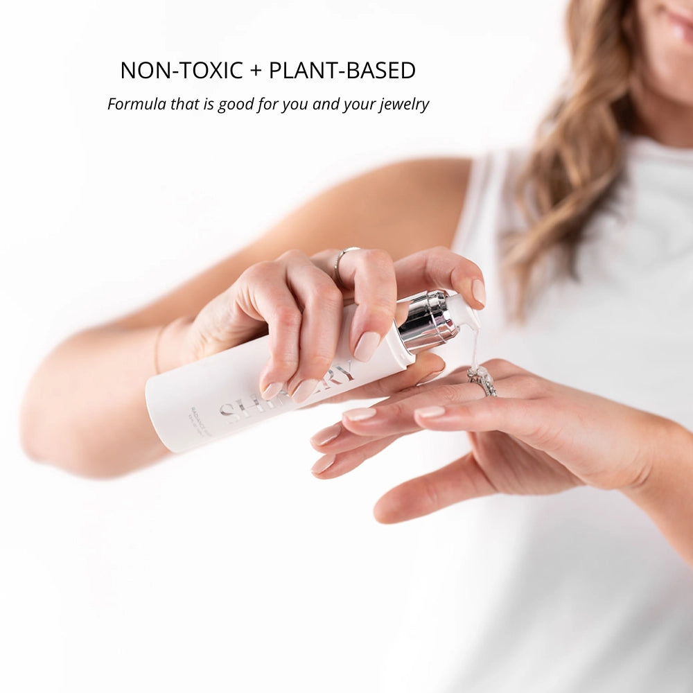 Shinery Jewelry Wash®—non-toxic, plant-based formula. Available in 30ml and 100ml sizes. Text: “NON-TOXIC + PLANT-BASED.”.