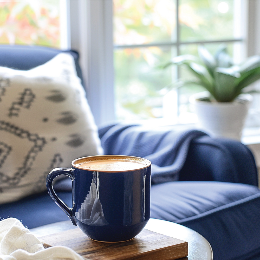 Dark blue mug with coffee sweetened by Sugar Free Hazelnut Syrup. Available in 8oz, 12oz, and 16oz sizes.