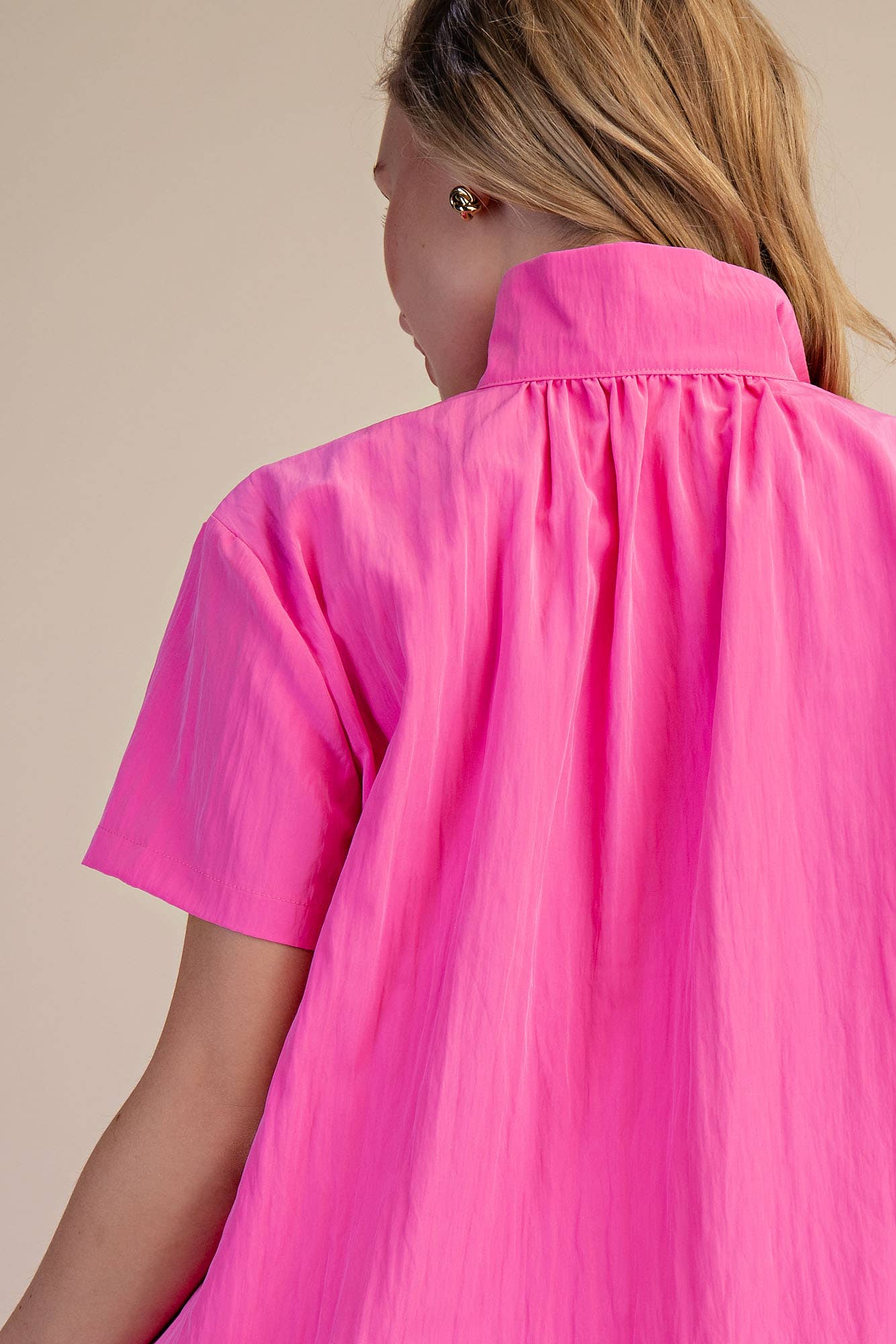Pink Stand Collar Short Sleeves Shirt with neck gathers, available in sizes XS-XL.