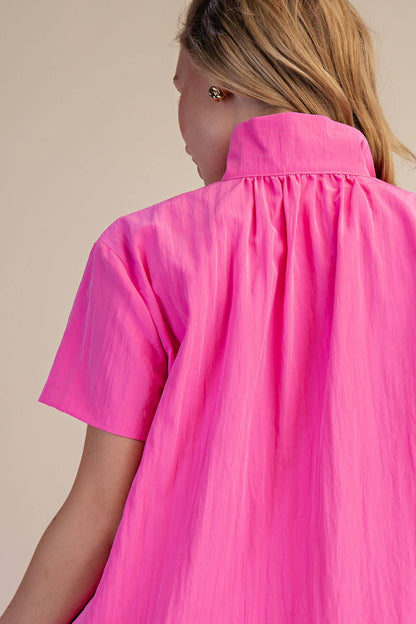 Pink Stand Collar Short Sleeves Shirt with neck gathers, available in sizes XS-XL.