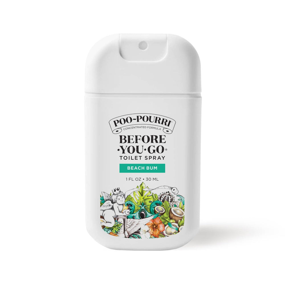 1oz Poo~Pourri Pocket Sprayer, Beach Bum scent, white bottle with tropical art, black text, 30mL size. Made with essential oils.