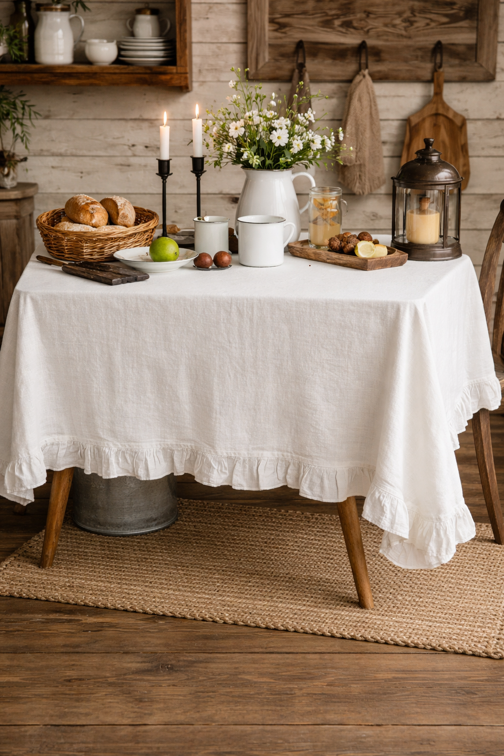 White French Ruffled Cotton Tablecloth in 55″X120″ rectangular size draped over a rustic wooden table.
