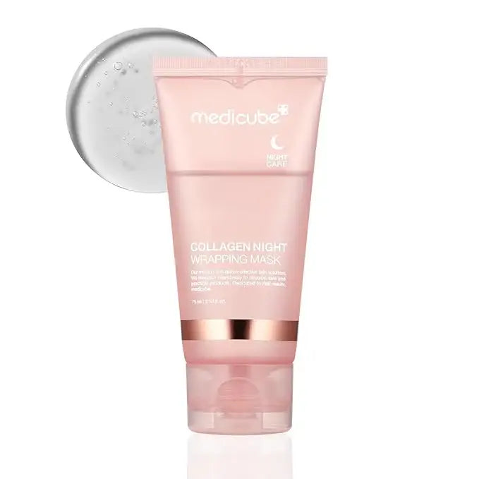 Pink MEDICUBE Collagen Night Wrapping Mask tube with white and gold text. Available in 50ml and 100ml sizes.