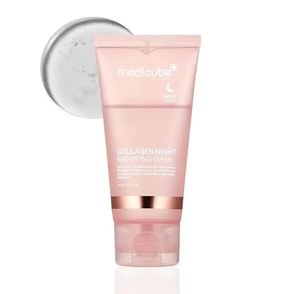 Pink MEDICUBE Collagen Night Wrapping Mask tube with white and gold text. Available in 50ml and 100ml sizes.