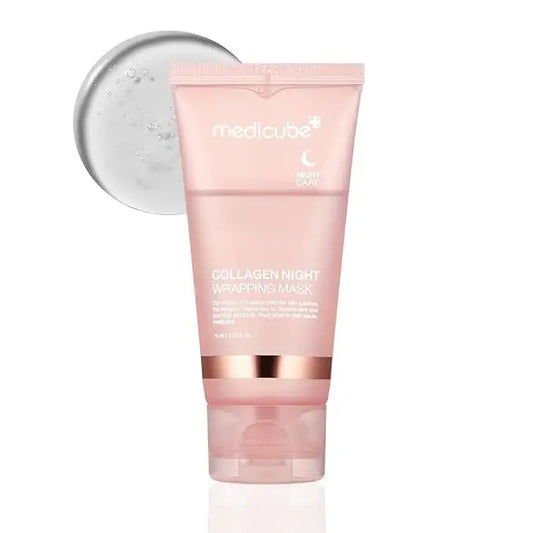 Pink MEDICUBE Collagen Night Wrapping Mask tube with white and gold text. Available in 50ml and 100ml sizes.