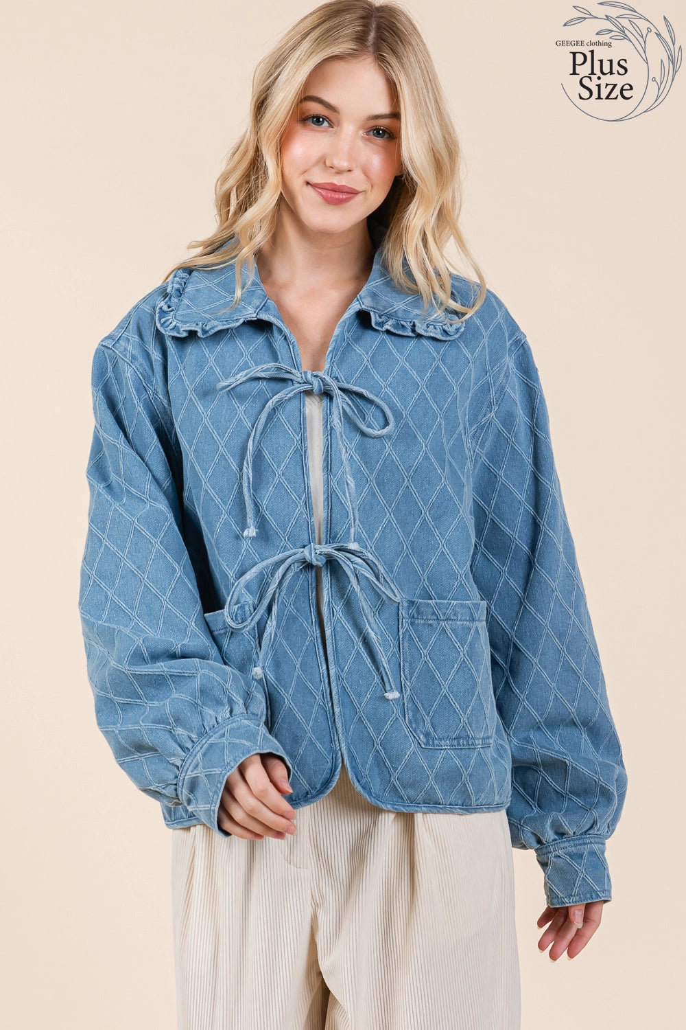 Quilted Denim Jacket: Light blue, ruffle hem collar. Available sizes: XS, S, M, L, XL.