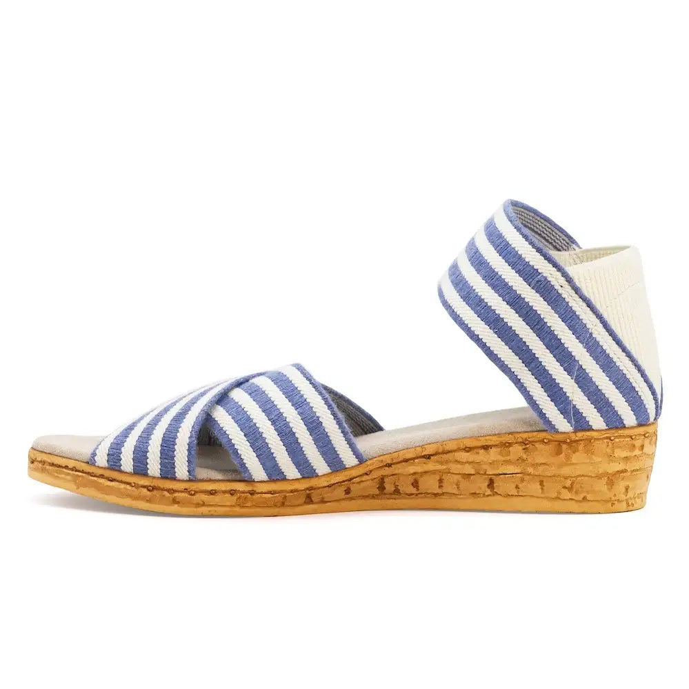 Peachtree Navy & White Stripe Wedge Sandals with cork wedge, ankle strap, crisscross toe. Available in sizes 6-10.