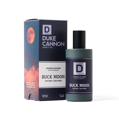 Proper Cologne Buck Moon: natural vetiver oakmoss scent, dark green bottle, moon-themed box. Available in 50ml size.