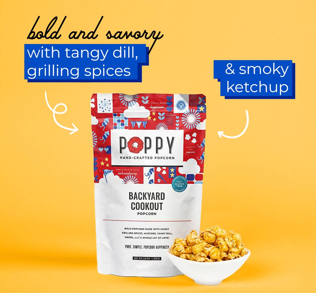 Backyard Cookout Popcorn bag with bold tangy dill, grilling spice, and ketchup flavors. Available in 4oz and 8oz sizes.