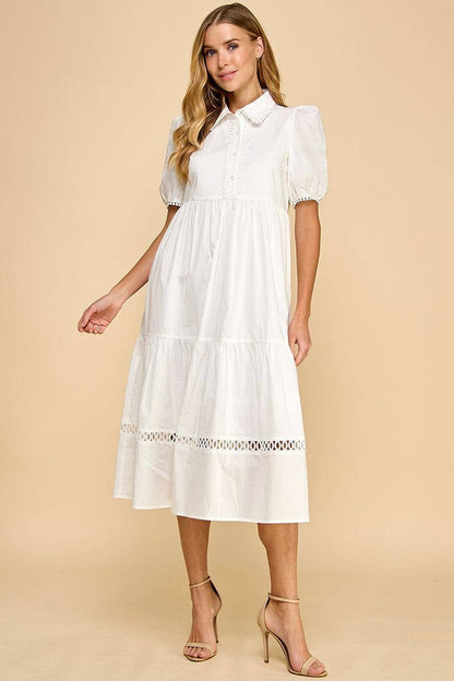 White Button-Up Collared Contrast Trim Midi Dress