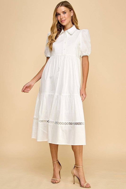 White button-up collared midi dress with contrast trim and short sleeves. Available in sizes XS-XL.