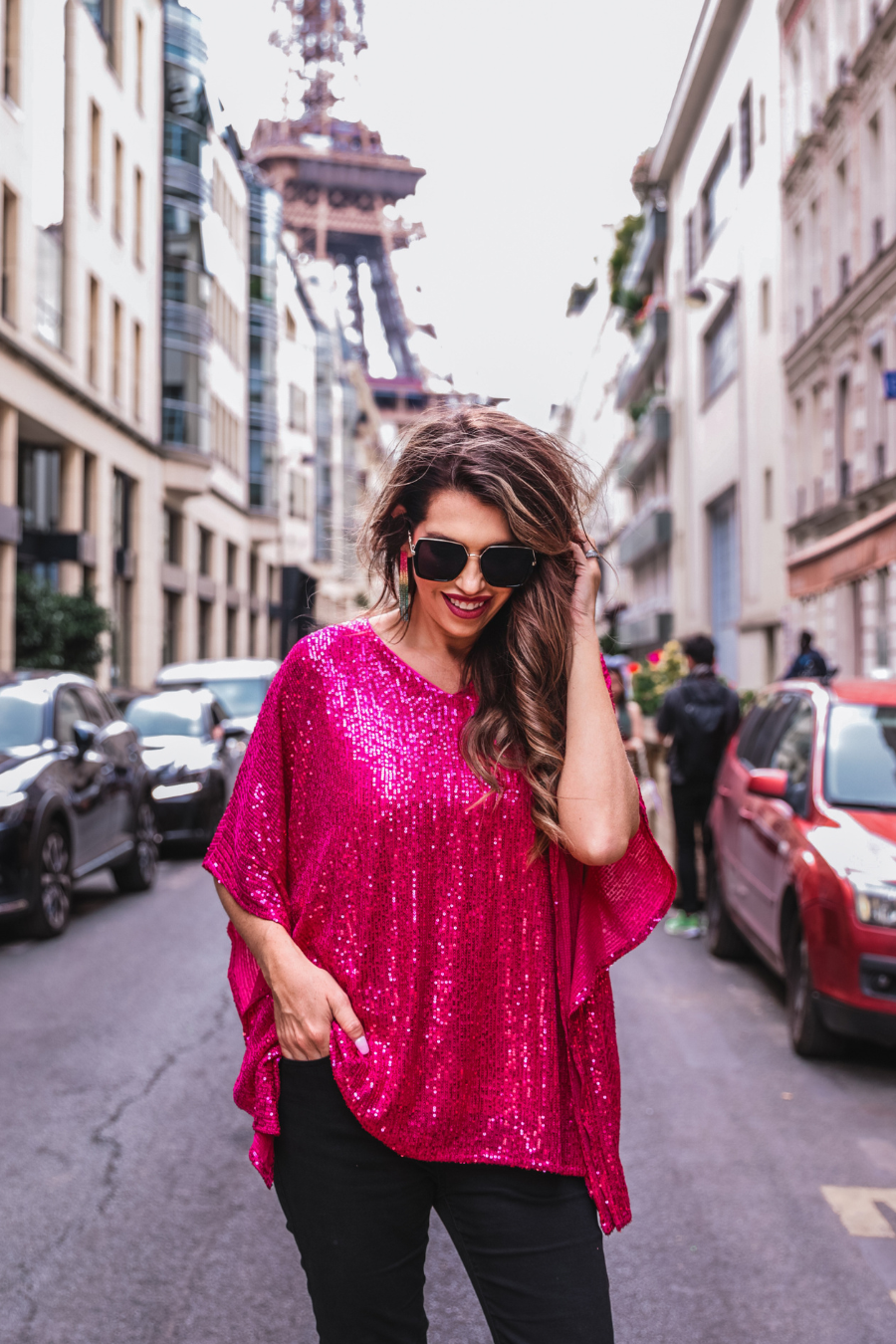 Celebrity Status Sequin Top in hot pink with shimmering details; available in sizes XS-XL.