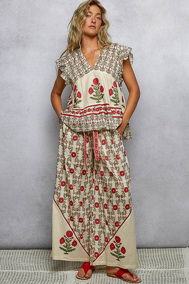 Straight Fit Waist Belt Floral Pattern Pants with matching belt, available in sizes XS–XL.