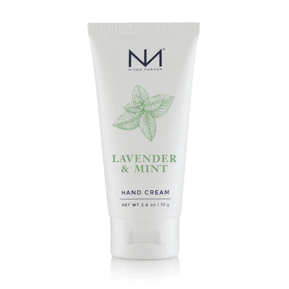 2.6 oz white tube of Lavender & Mint Travel Hand Cream with mint leaf design, elegant text, and organic aloe vera.