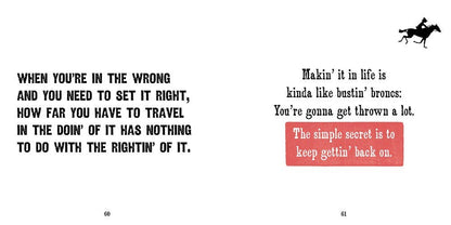 Cowboy's Guide to Life book, open to two pages with western quotes and horse silhouette. Available in standard hardcover size.