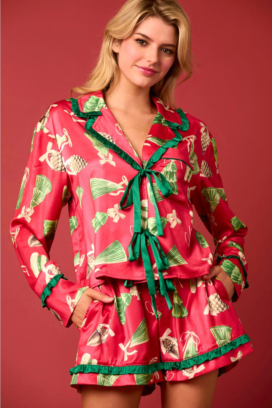 Satin Christmas Check Prints Pajama Set