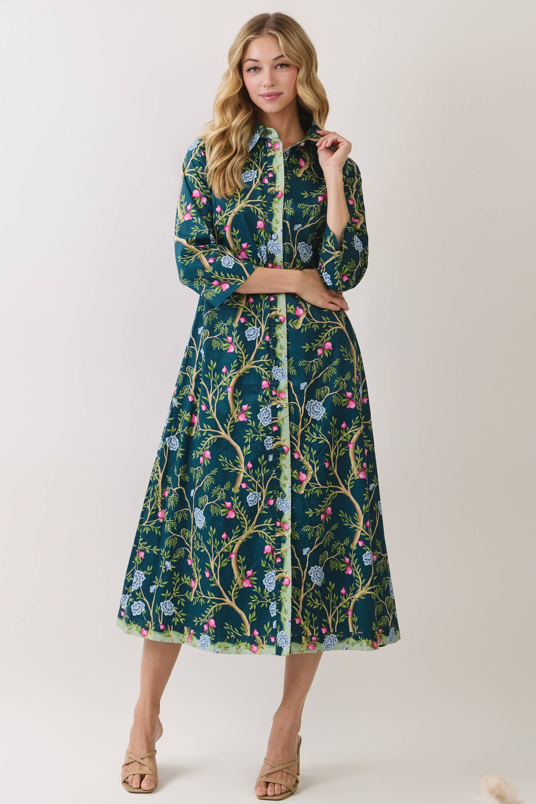 CD07354-Botanical Print Button Front Midi Dress: Green, colorful floral pattern, A-line silhouette. Available in S.