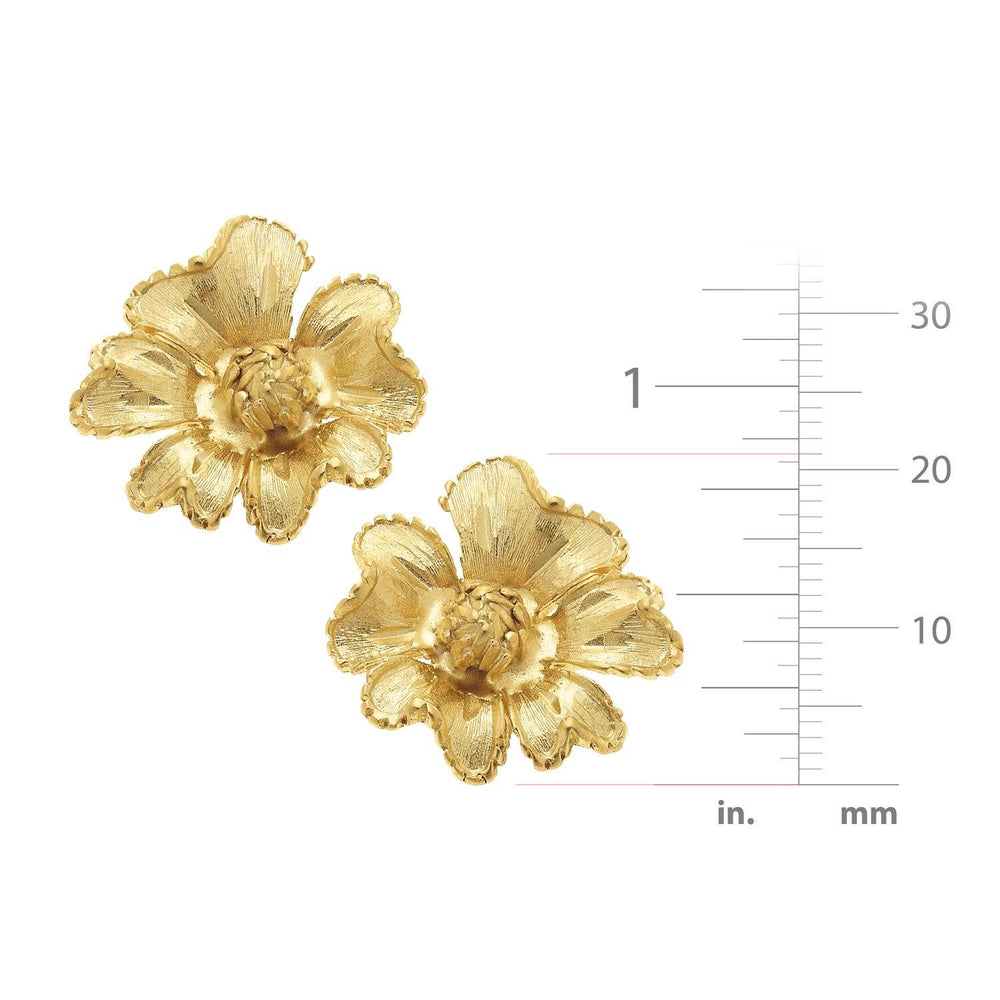Marigold Studs, handmade in 24k gold, flower-shaped, approx. 25 mm (1 inch) across. Available in this size.