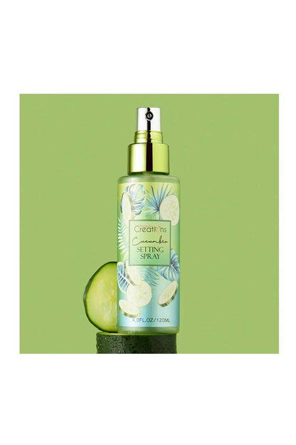 Beauty Creations SPN03 Cucumber Setting Spray with tropical leaf and cucumber design; available in 4 fl oz size.