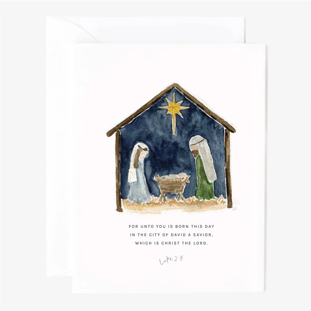 Nativity notecard, single card, watercolor art with Luke 2:11 verse; available in standard notecard size.