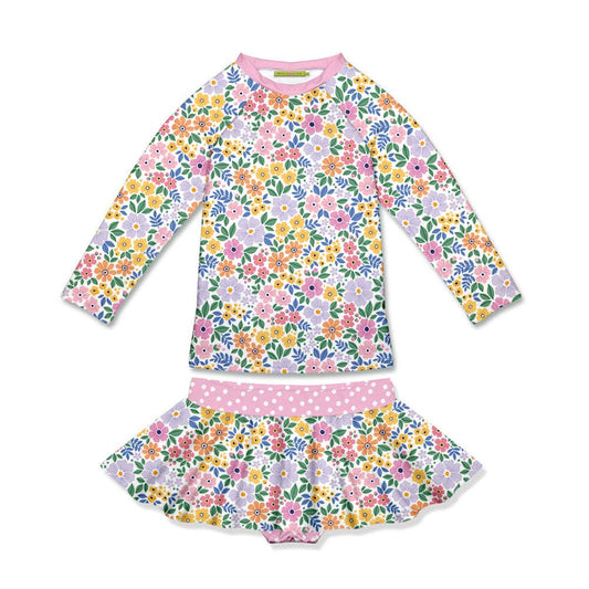 Kids Pink Spring Bouquet Long-Sleeve Rashguard Set with floral print, pink polka dot trim. Sizes: 2T-8.