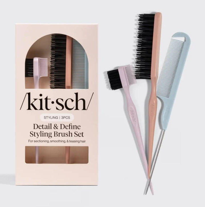 Detail &amp; Define Styling Brush Set including an edge brush with a metal pintail comb, a large brush, and a teasing comb.