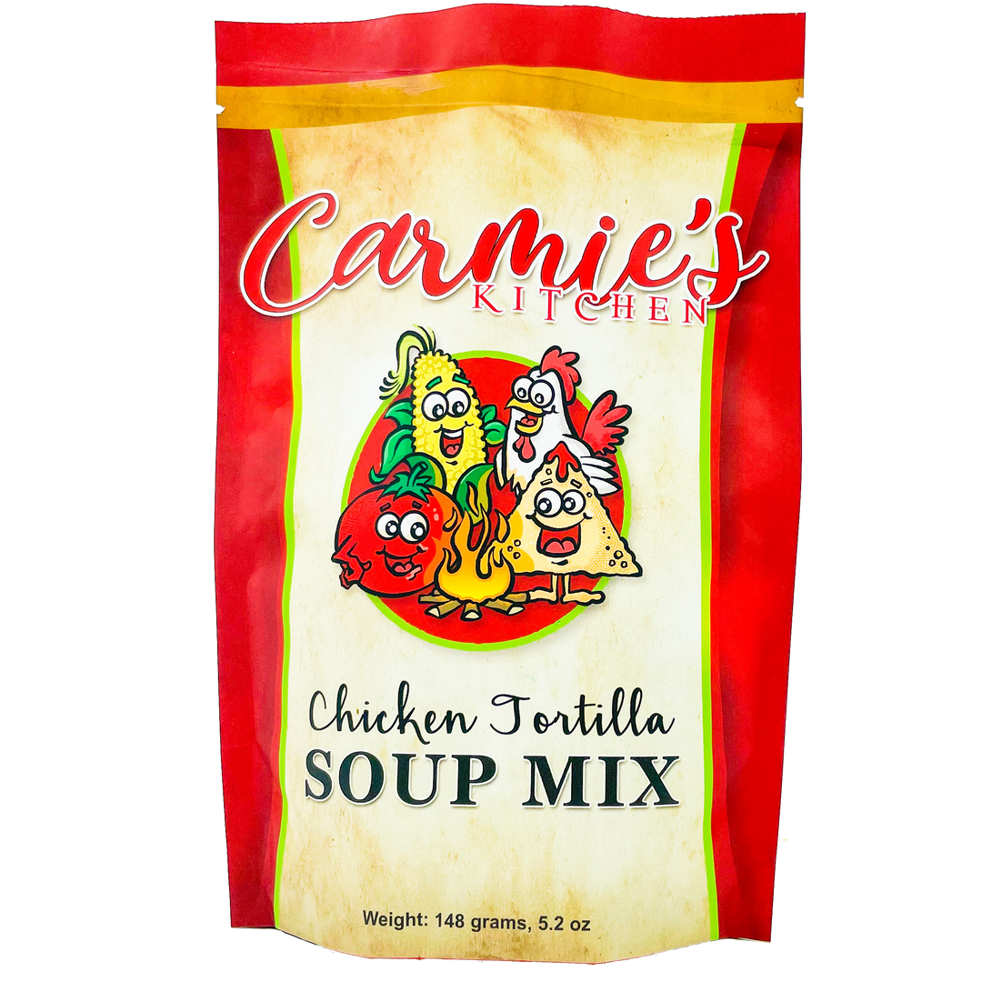 148g (5.2 oz) red and yellow Chicken Tortilla Soup Mix package with cartoon veggies and chicken on the front.
