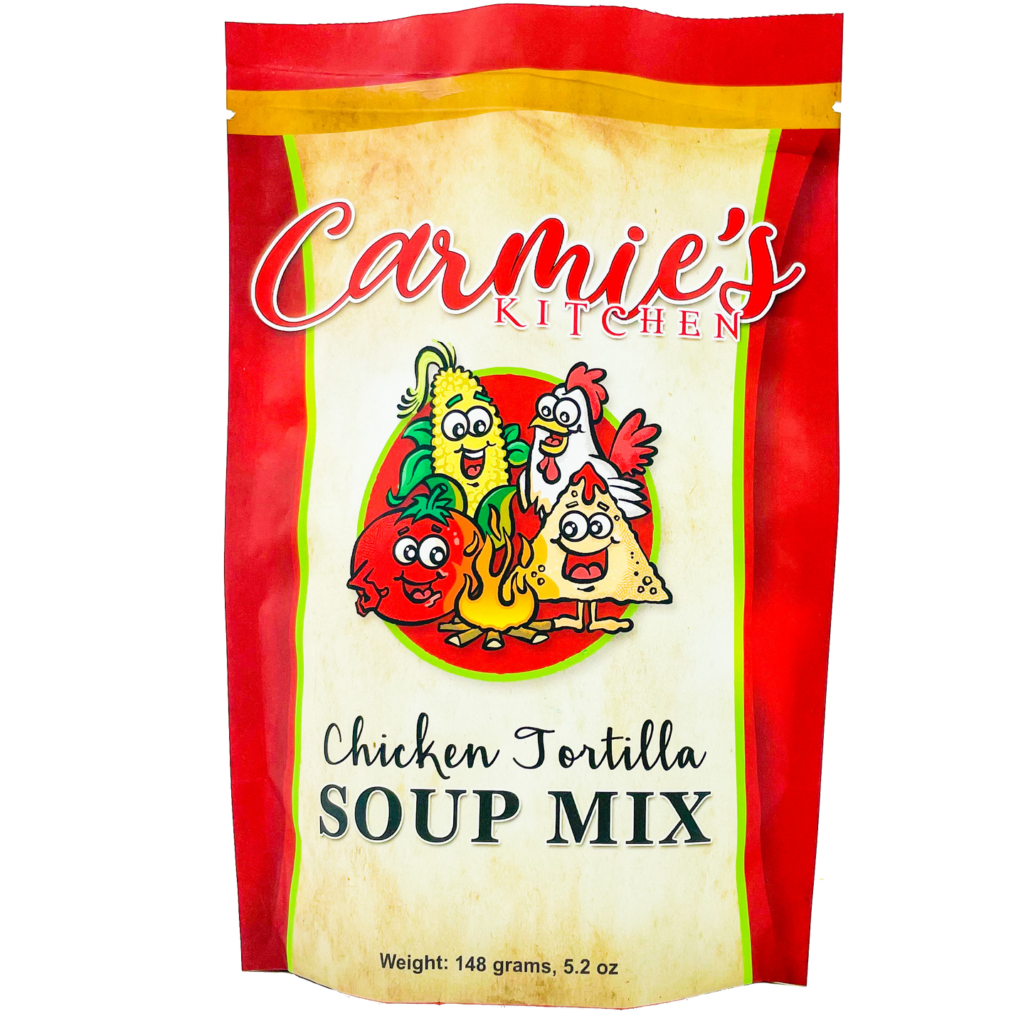 148g (5.2 oz) red and yellow Chicken Tortilla Soup Mix package with cartoon veggies and chicken on the front.