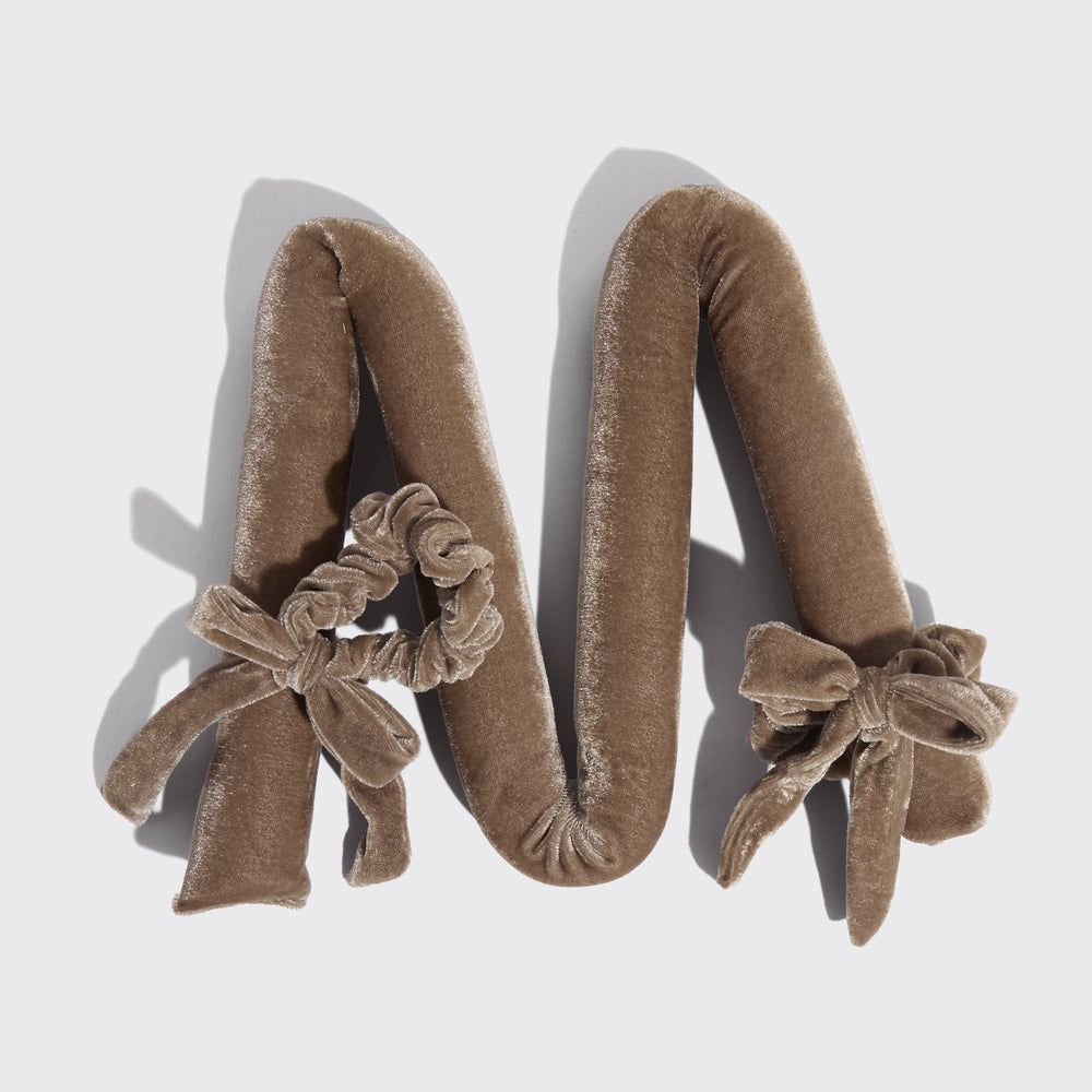 Plush, brown “M” shaped Eucalyptus Velvet XL Heatless Curling Set with side bows and velvety texture. Available in XL size.