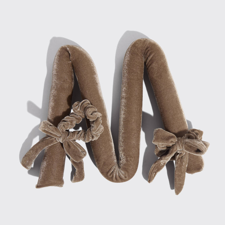 Plush, brown “M” shaped Eucalyptus Velvet XL Heatless Curling Set with side bows and velvety texture. Available in XL size.