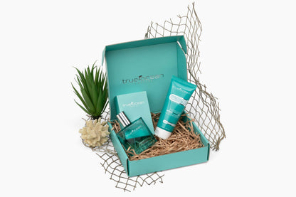 True Ocean Mineral Lotion, 3.4oz, enriched with ocean minerals, shown with two bottles and a tube in a turquoise box.