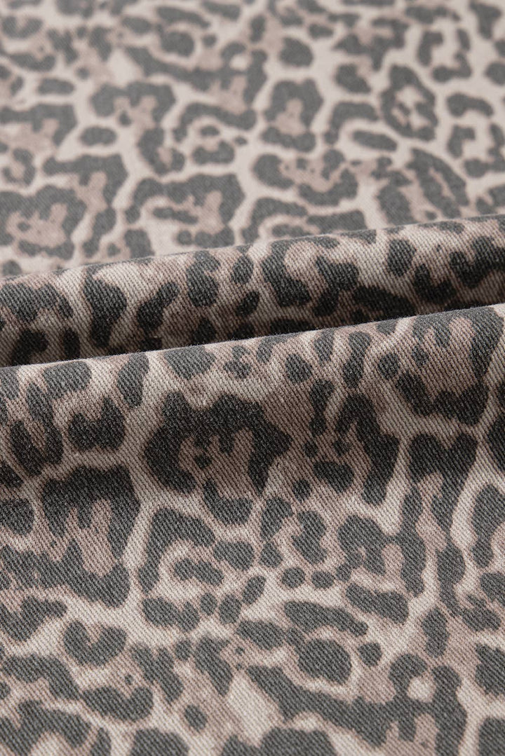 Leopard print fabric in black and dark brown on beige, for Missy Leopard HW Frayed Edge Wide Jeans. Sizes: XS-XL.