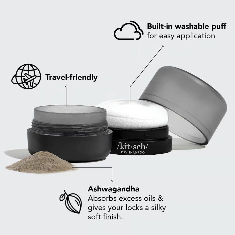 Black container of Volumizing Rice Protein Dry Shampoo, dark powder, washable puff, oil-absorbing. Available in 15g and 30g.