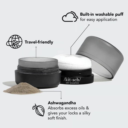 Black container of Volumizing Rice Protein Dry Shampoo, dark powder, washable puff, oil-absorbing. Available in 15g and 30g.