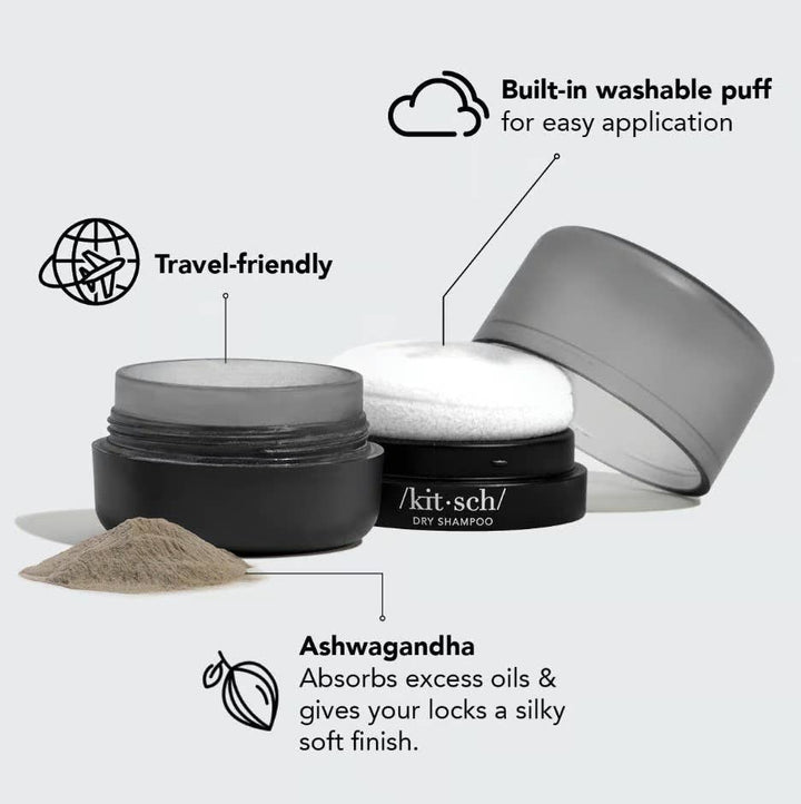Black container of Volumizing Rice Protein Dry Shampoo, dark powder, washable puff, oil-absorbing. Available in 15g and 30g.