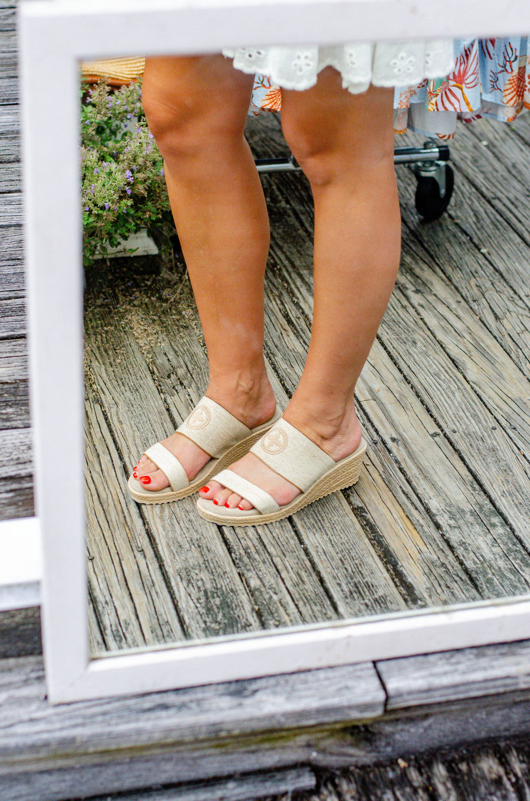 Ashley Linen Logo Wedge Sandals with cushioned insoles, shown worn. Available in sizes 5–11.