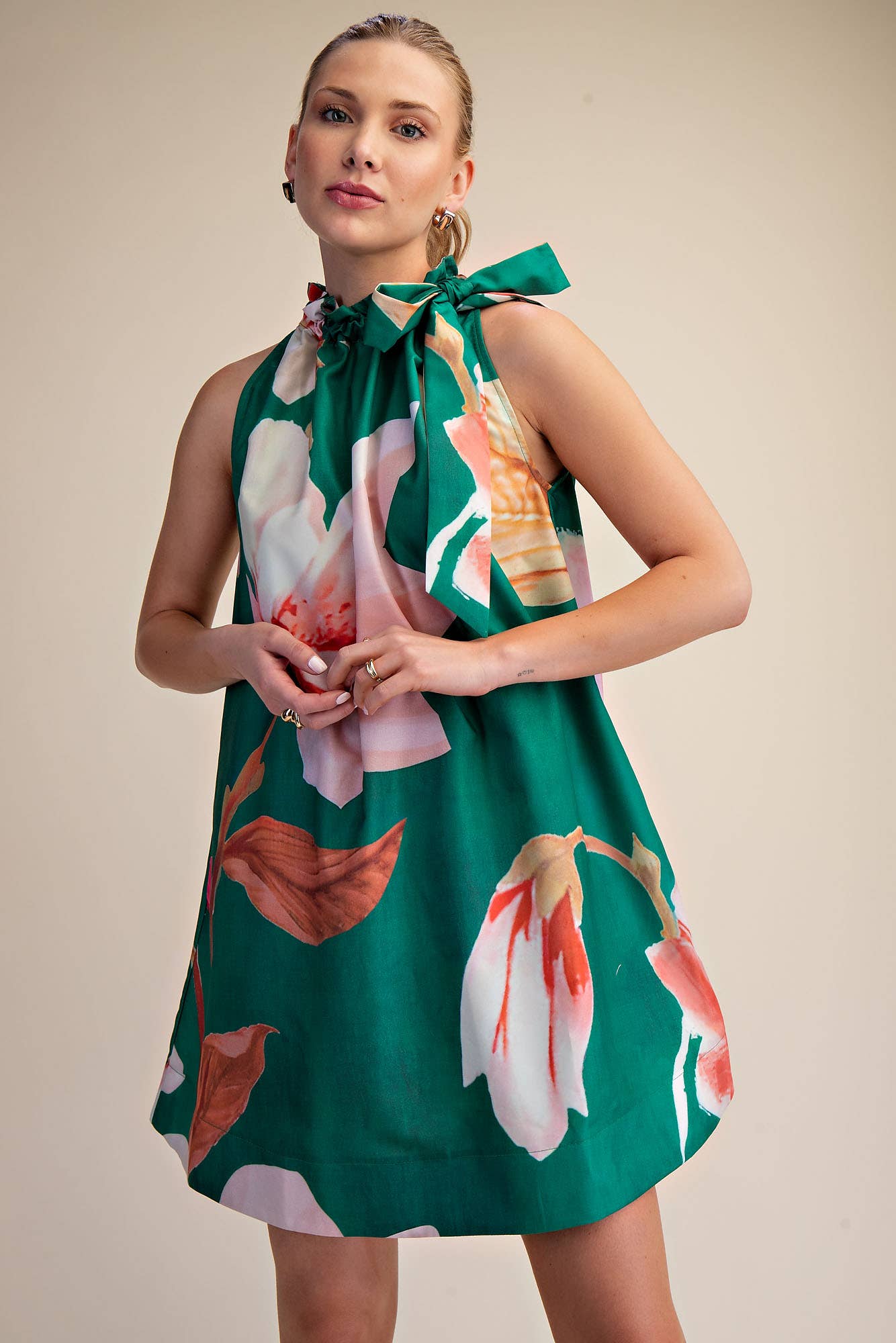 Mini Dress Ruffle Neck Tie Sleeveless Floral Print in Royal, bold floral print, ruffle neckline tie. Available in sizes XS-XL.