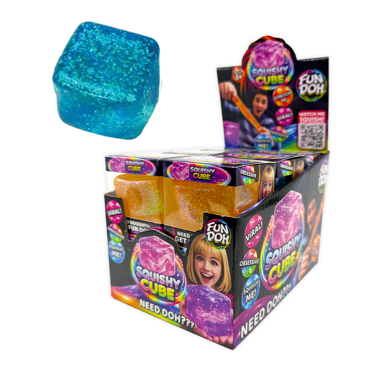 Blue glittery Fun Doh Squish &amp; Squeeze Sparkle Cube Fidget Toy, 12-piece display.