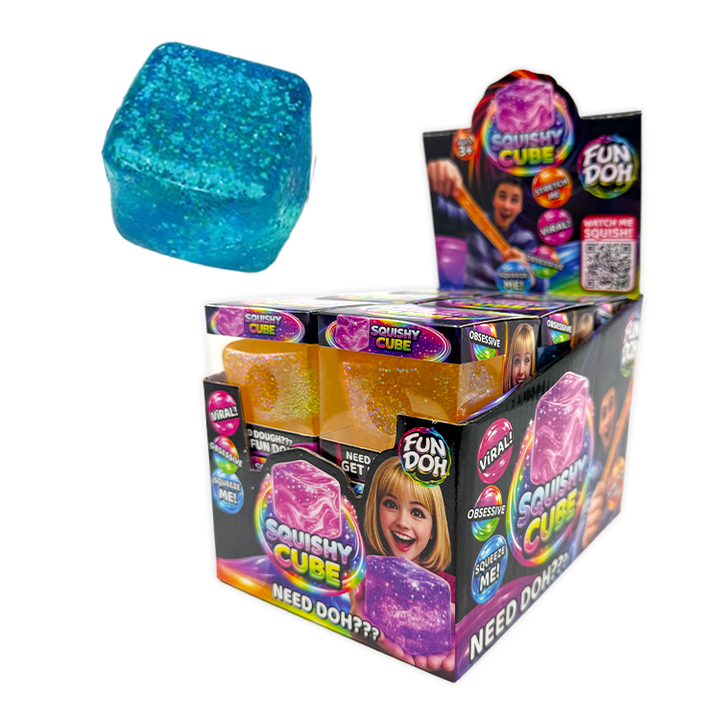 Blue glittery Fun Doh Squish &amp; Squeeze Sparkle Cube Fidget Toy, 12-piece display.