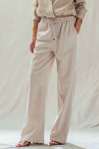 Mint Jelly Linen Blend Wide Leg Drawstring Pants in light beige, available in sizes XS-XL.