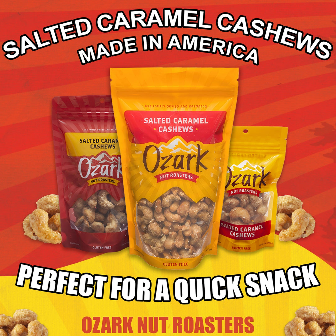 3oz Ozark Nut Roasters Salted Caramel Cashews bag. Kettle-roasted. Text: "Made in America. Perfect for a Quick Snack.