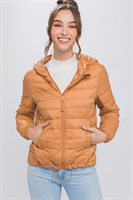 Light brown hooded puffer jacket with pockets. Available sizes: XS, S, M, L, XL.