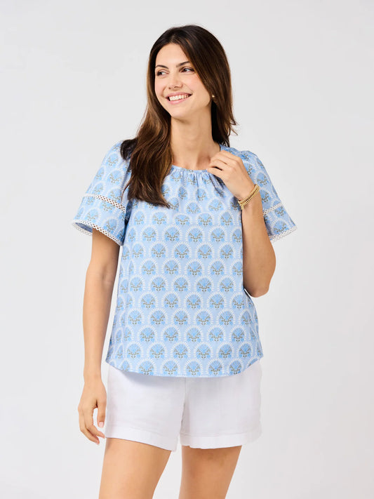 Tabby Sunshower Flora Blue Top with flutter sleeves, available in sizes XS-XL.