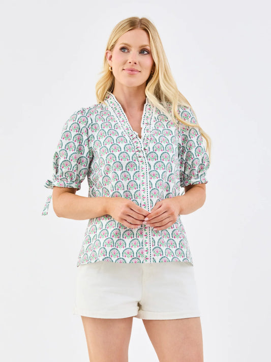 Brynn Sunshower Flora White Top with ruffle mock neckline and puff sleeves. Available in sizes XS-XL.