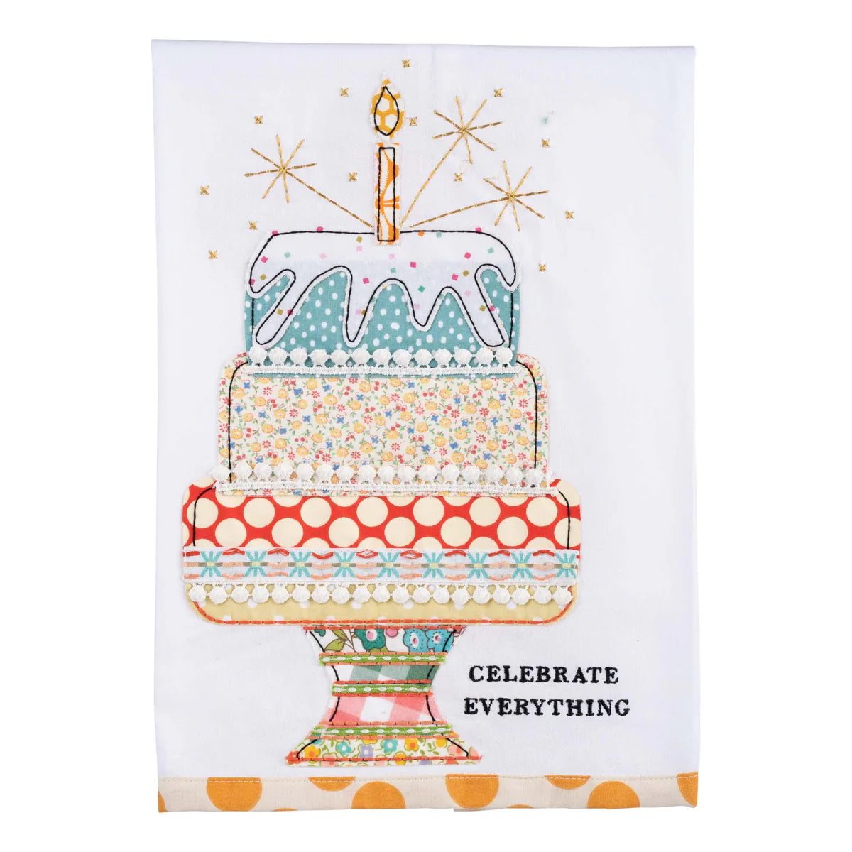 **Celebrate Everything Cake Tea Towel**
- Embroidered, handmade design
- Features a vibrant, three-tiered cake with a lit candle and sparkler
- Various patterns on the cake
- Decorated cake stand 
- "Celebrate Everything" stitched in black at bottom right 
- Ethically sourced materials
- Size: One size available